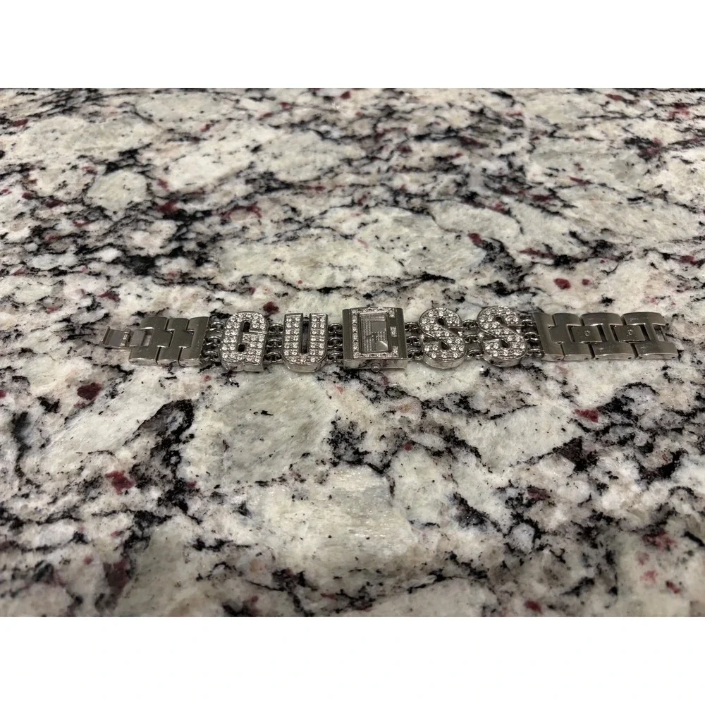 Guess Silver Tone Crystal Logo Bracelet Watch Rectangular Face Y2K Style